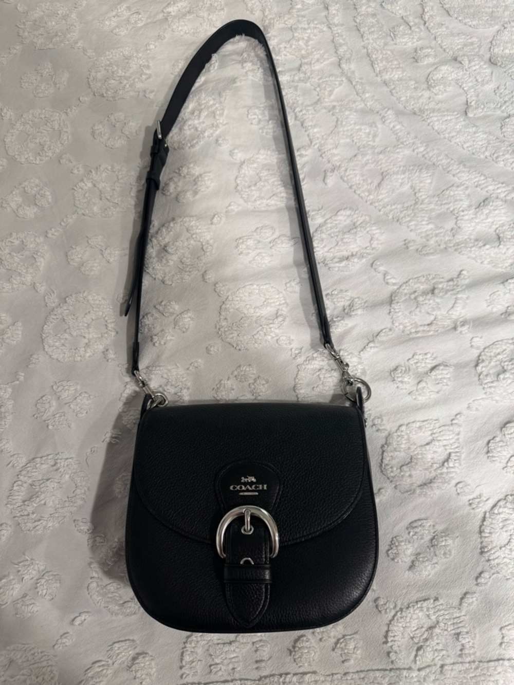 Coach Black Leather Saddle Crossbody with Silver Buckle